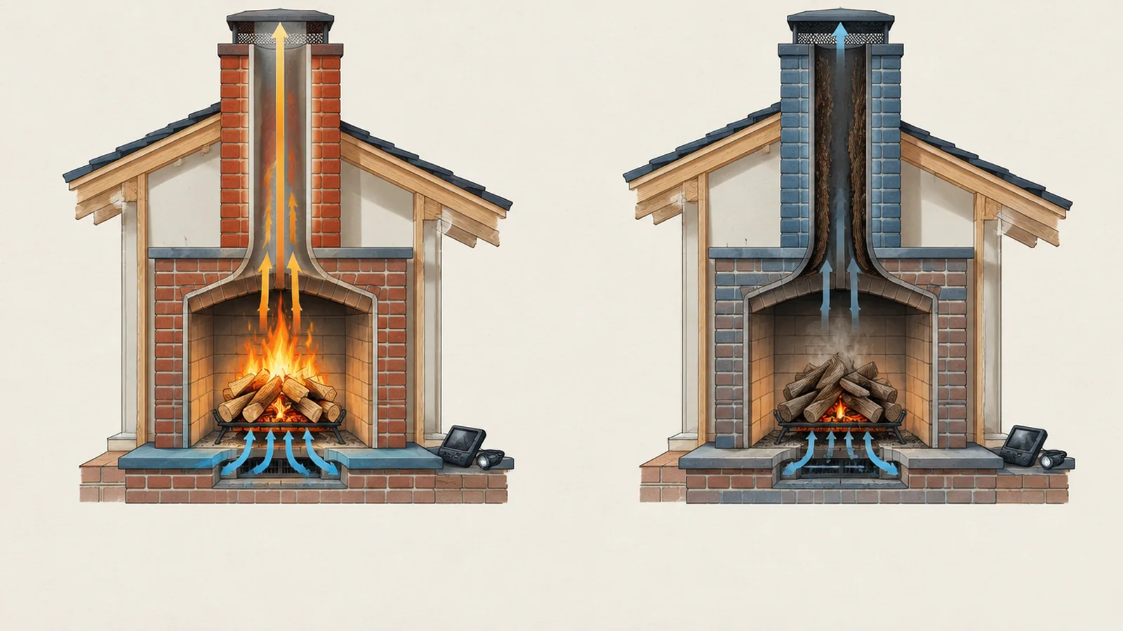 Two side-by-side editorial chimney cutaways compare different wood-burning conditions: one uses dry wood with clear airflow and a hotter flue with lighter residue, while the other uses damp wood with a low smoldering fire, restricted airflow, a cooler exterior chimney, and heavier deposits inside the flue.