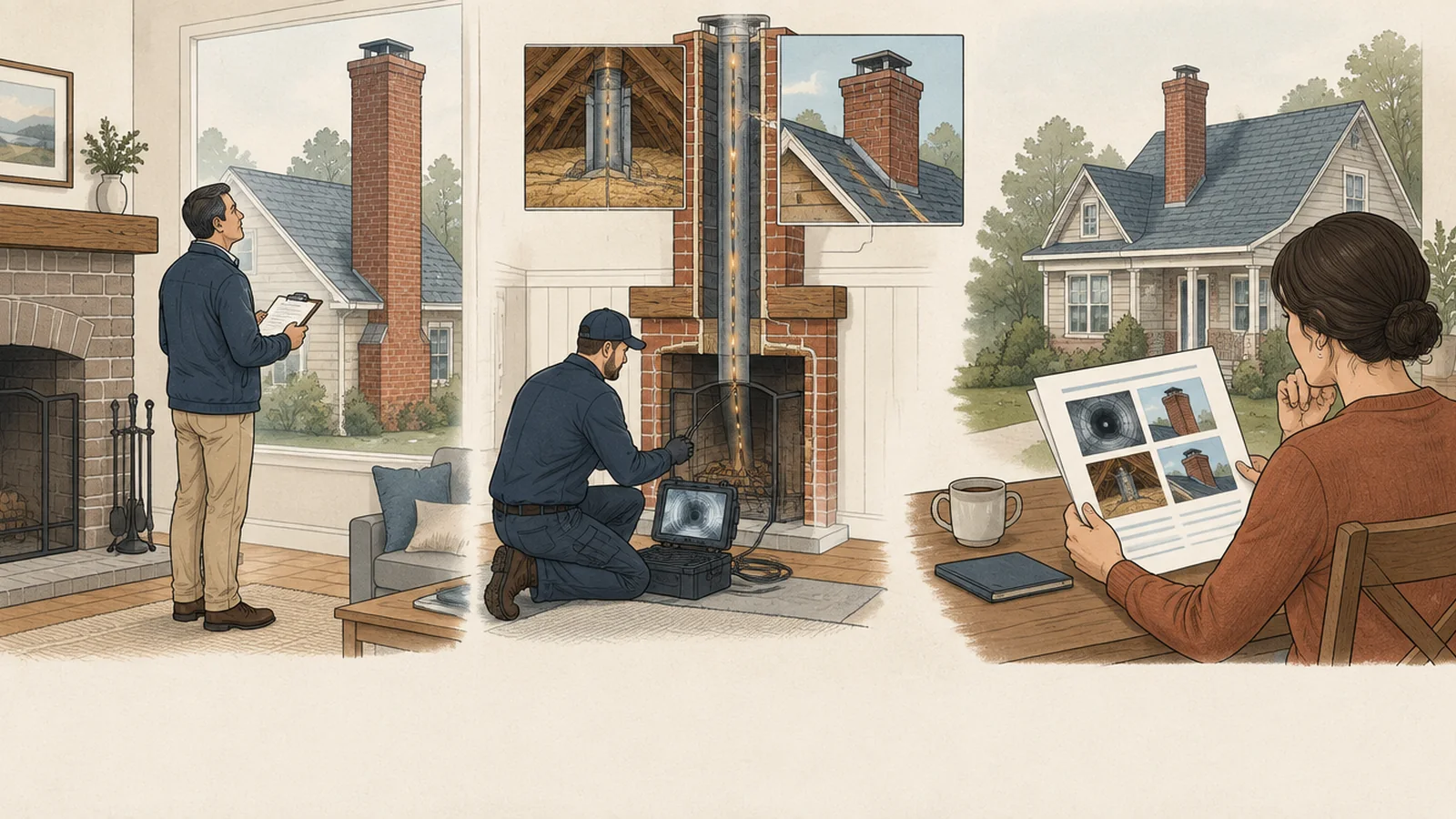 Three-stage editorial illustration of a home purchase chimney review: a general inspector observes visible fireplace and chimney areas, a chimney professional examines accessible areas and uses an internal camera, and a buyer reviews a written report with photo evidence at a table.