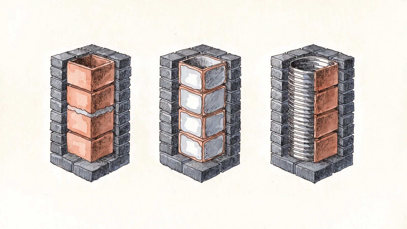 Three matching chimney cutaways showing a repaired joint between clay flue tiles, a thin resurfacing layer over retained tile, and a separate metal liner inside the retained chimney passage.