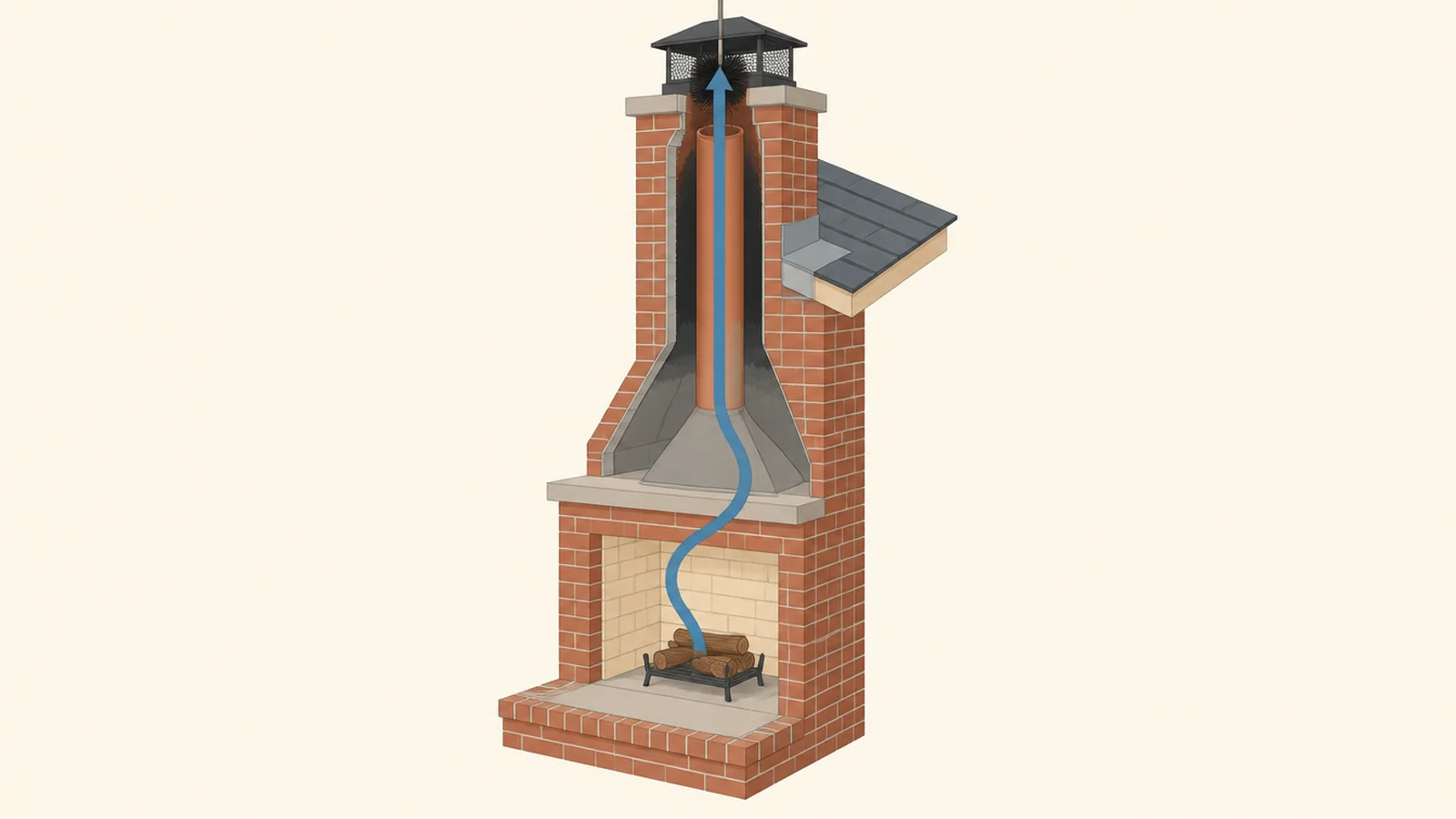 Cutaway of a masonry fireplace and chimney showing the firebox, smoke chamber, lined flue, chimney cap, and the path through hidden areas that may need sweeping.