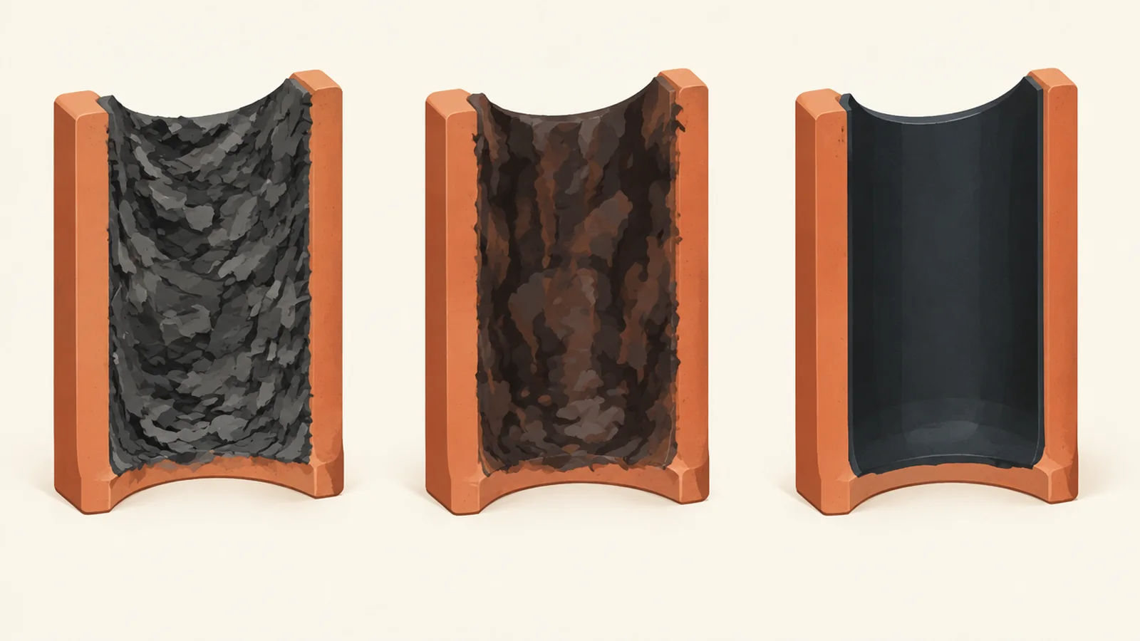 Three clay flue sections comparing loose flaky deposit, sticky tar-like residue, and smooth hardened glaze.