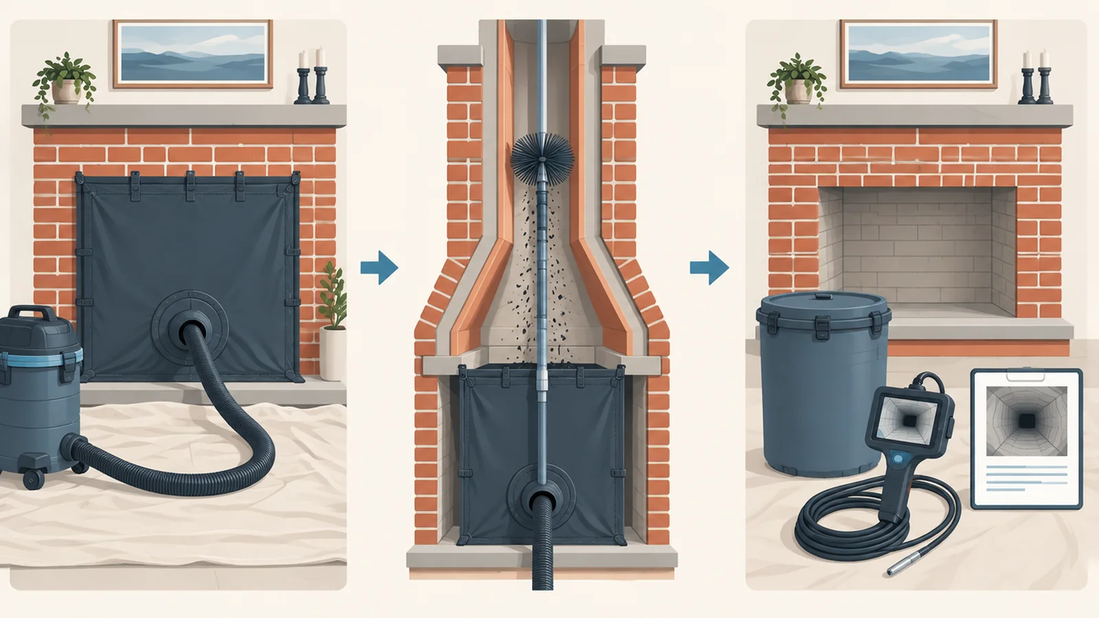 Three-step illustration showing room containment, flue brushing with vacuum collection, and post-cleaning documentation with a camera.