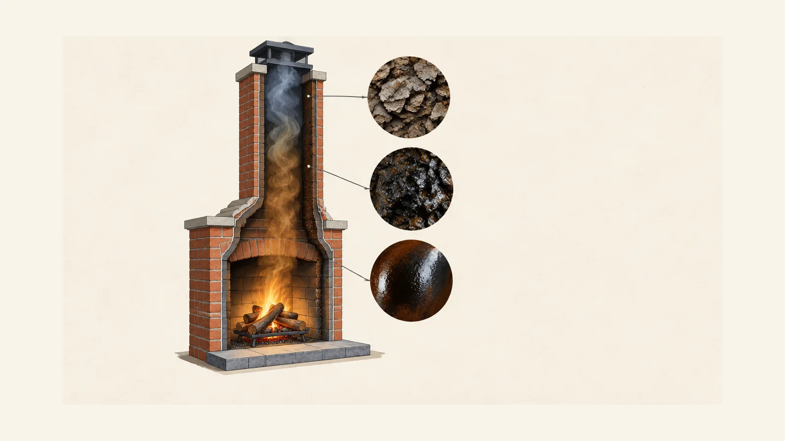 Editorial chimney cutaway showing smoke rising from a normal wood fire into a cooler flue where dark deposits collect on the liner, alongside close-up samples of flaky, sticky tar-like, and smooth shiny hardened deposits.