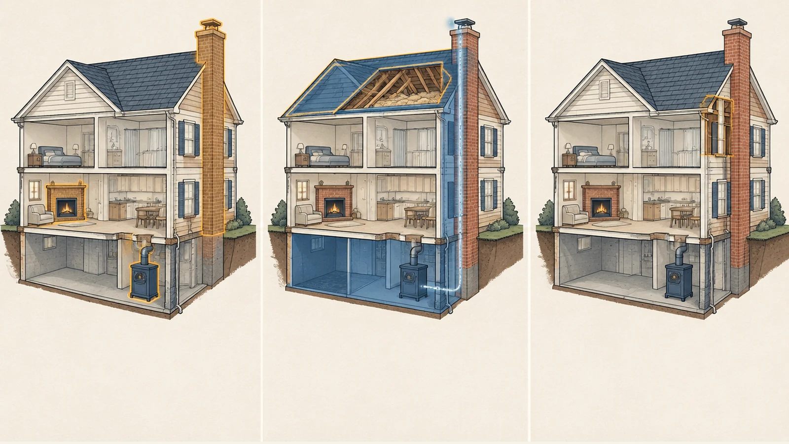 Three-panel editorial cutaway of one chimney system: Level 1 highlights readily accessible fireplace and connection areas; Level 2 adds roof, attic, basement, and an internal camera path; Level 3 shows one small targeted opening at a concealed concern while the rest of the house remains intact.