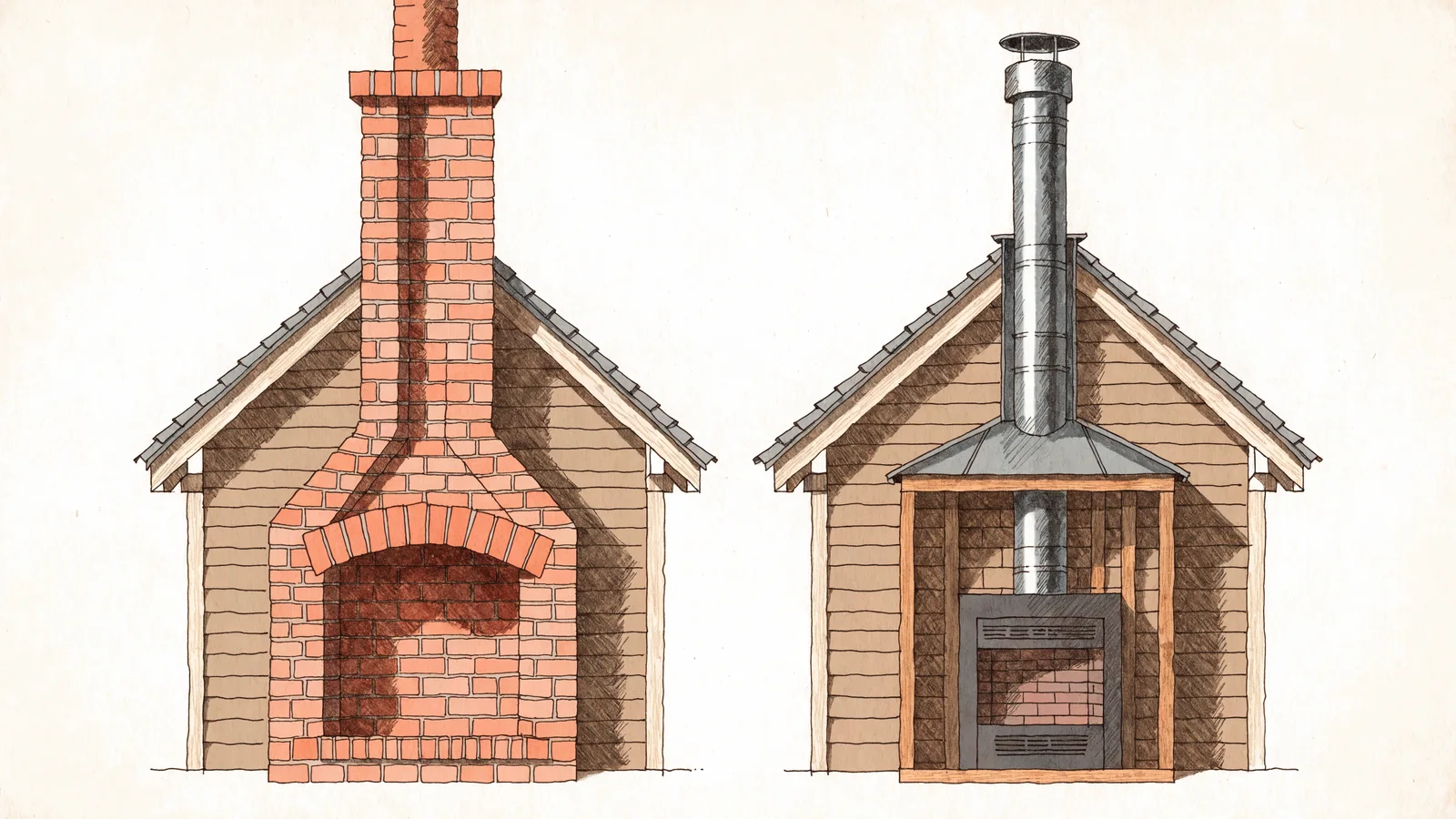 Side-by-side cutaways of a site-built masonry fireplace and chimney and a factory-built metal fireplace with its chimney inside a framed chase.